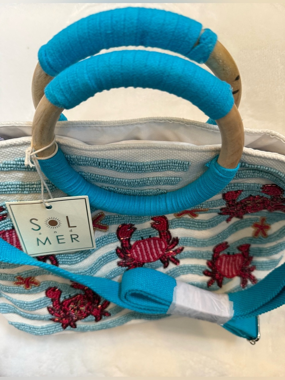 Sol and Mer White Canvas Tote. Turquoise Handles & handcrafted beaded Crabs NWT - Picture 3 of 7